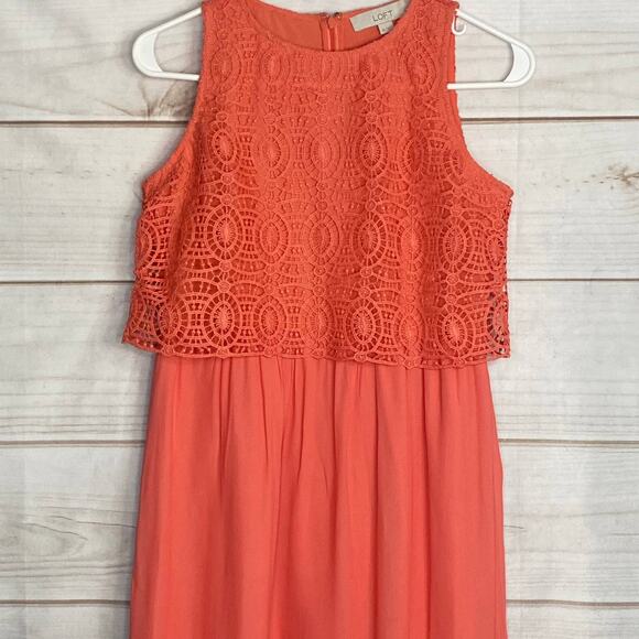 Ann Taylor Loft Coral Pink Overlay Lace Shift Crochet Chiffon Dress Size 2P - Picture 3 of 8